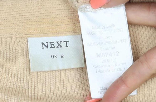 Next Women Beige UK 12 Ribbed Collared Button-Up Long Sleeve Top