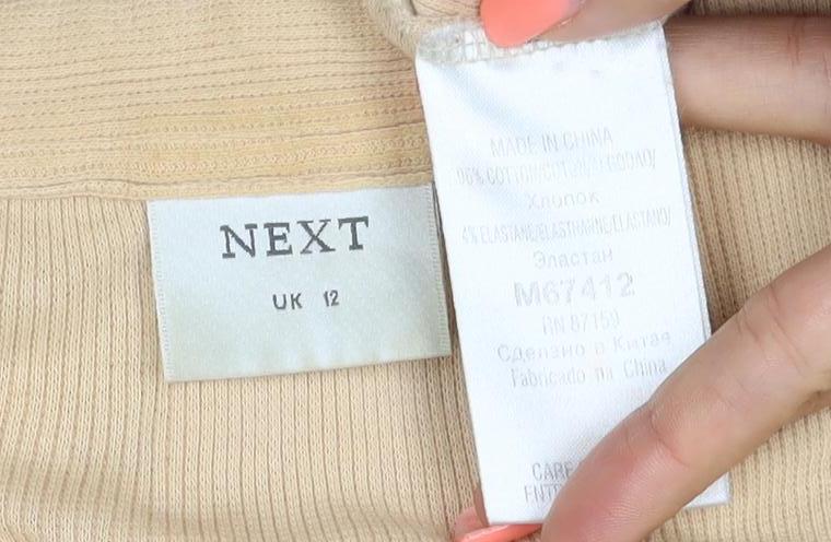 Next Women Beige UK 12 Ribbed Collared Button-Up Long Sleeve Top