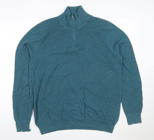 John Lewis Men’s Blue L Quarter Zip Cotton Knit Jumper High Neck