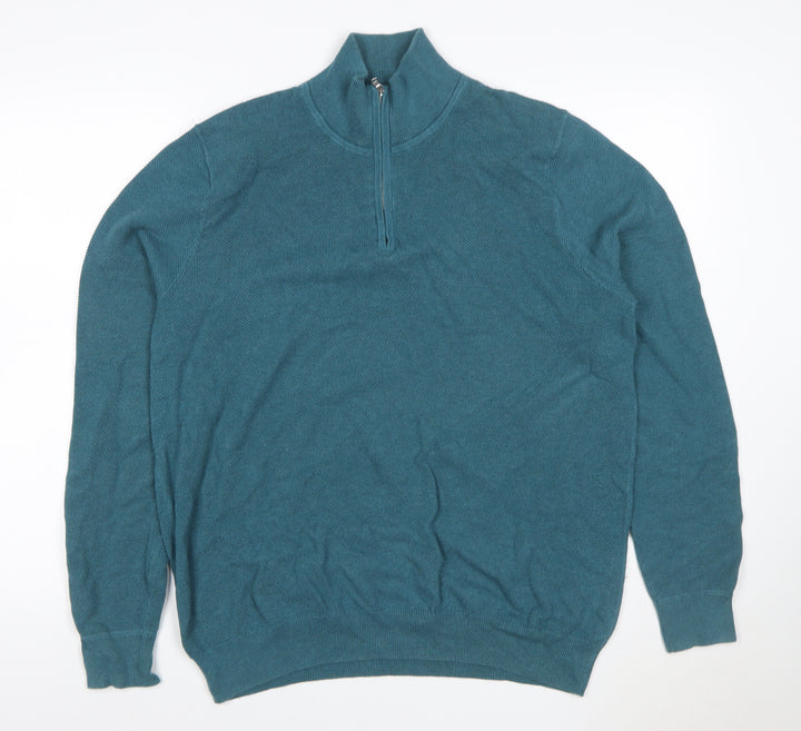 John Lewis Men’s Blue L Quarter Zip Cotton Knit Jumper High Neck