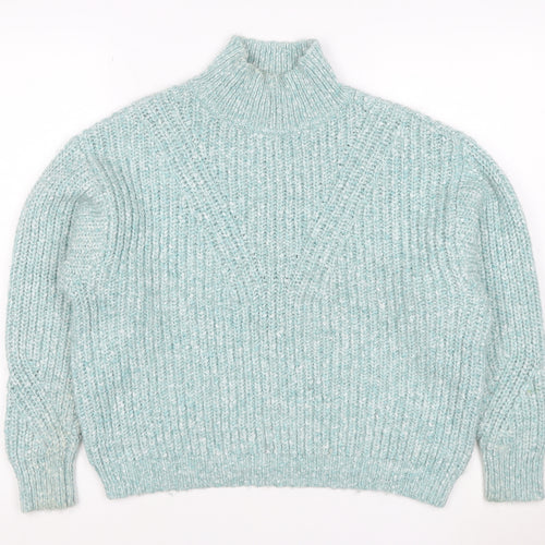 M&S Women Blue Size 12 Chunky Knit High Neck Pullover Jumper
