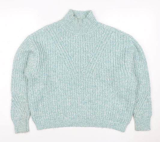 M&S Women Blue Size 12 Chunky Knit High Neck Pullover Jumper