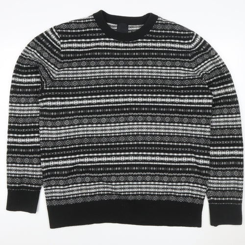 H&M Men Black Grey XL Fair Isle Knit Pullover Jumper Crew Neck