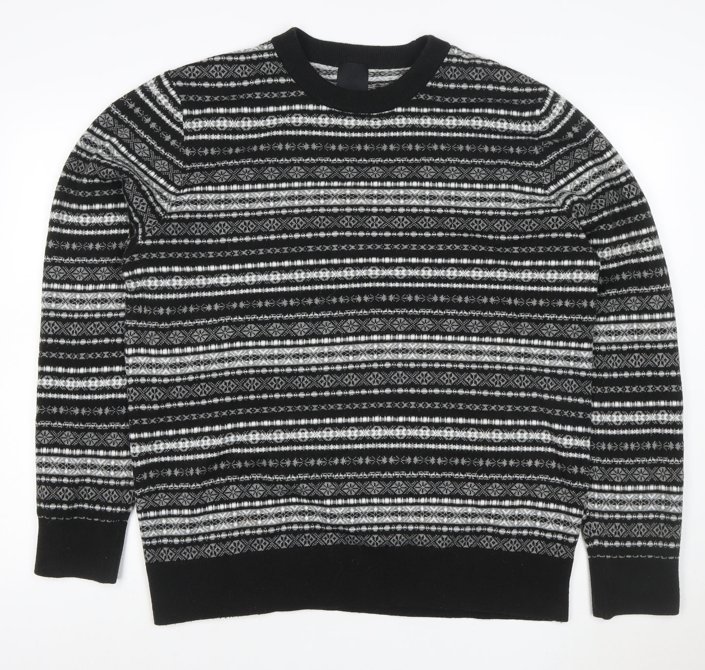 H&M Men Black Grey XL Fair Isle Knit Pullover Jumper Crew Neck