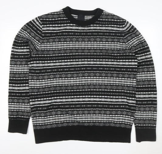 H&M Men Black Grey XL Fair Isle Knit Pullover Jumper Crew Neck