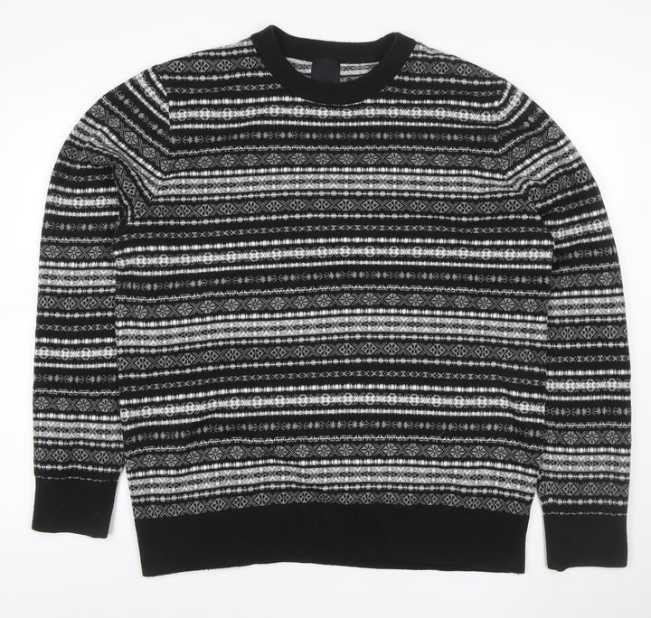 H&M Men Black Grey XL Fair Isle Knit Pullover Jumper Crew Neck