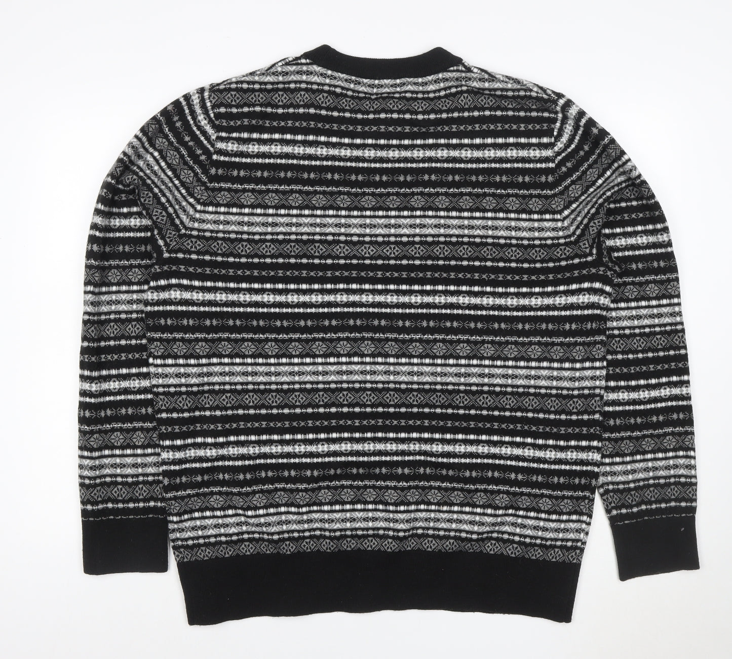 H&M Men Black Grey XL Fair Isle Knit Pullover Jumper Crew Neck