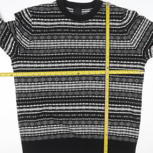 H&M Men Black Grey XL Fair Isle Knit Pullover Jumper Crew Neck
