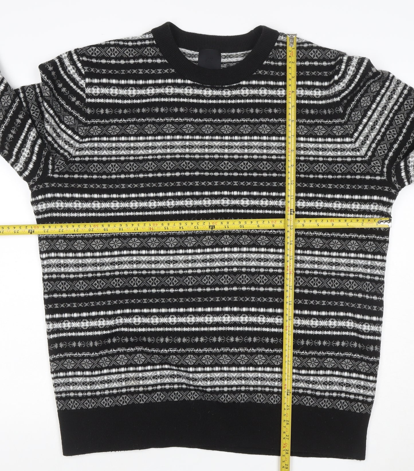 H&M Men Black Grey XL Fair Isle Knit Pullover Jumper Crew Neck