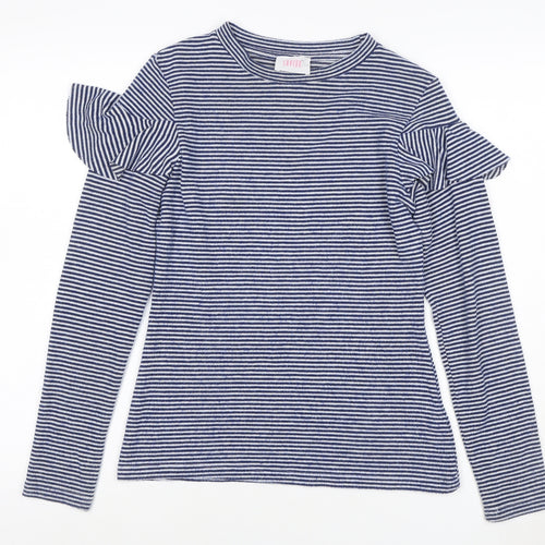Saylor Women Blue White UK 12 M Striped Ruffle Long Sleeve Knit Top