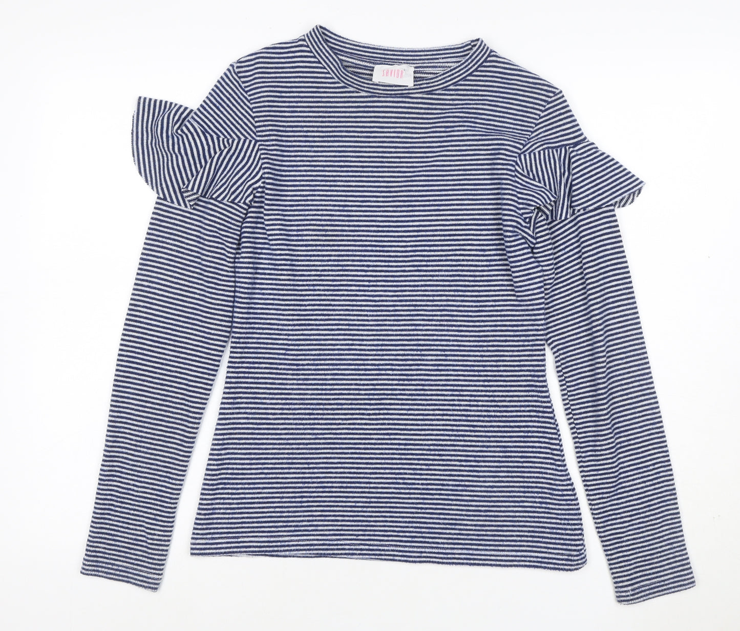 Saylor Women Blue White UK 12 M Striped Ruffle Long Sleeve Knit Top