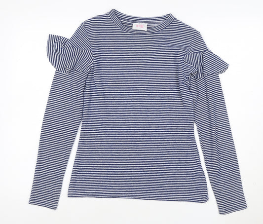 Saylor Women Blue White UK 12 M Striped Ruffle Long Sleeve Knit Top