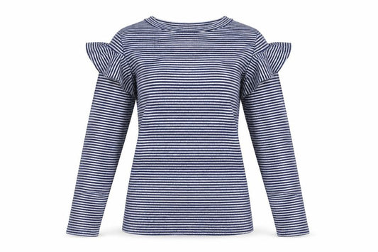 Front view of Saylor Women Blue White UK 12 M Striped Ruffle Long Sleeve Knit Top