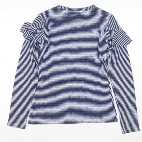 Saylor Women Blue White UK 12 M Striped Ruffle Long Sleeve Knit Top