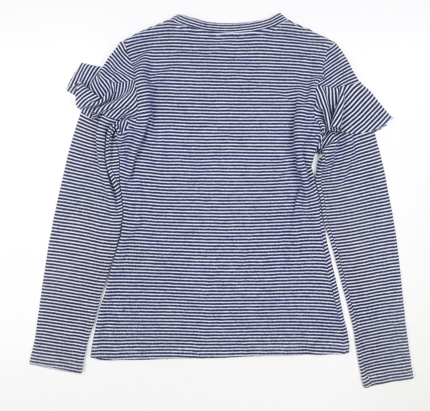 Saylor Women Blue White UK 12 M Striped Ruffle Long Sleeve Knit Top