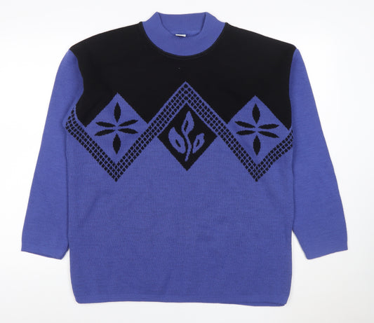 C&A Women Blue Black Geometric Knit Mock Neck Jumper Size M
