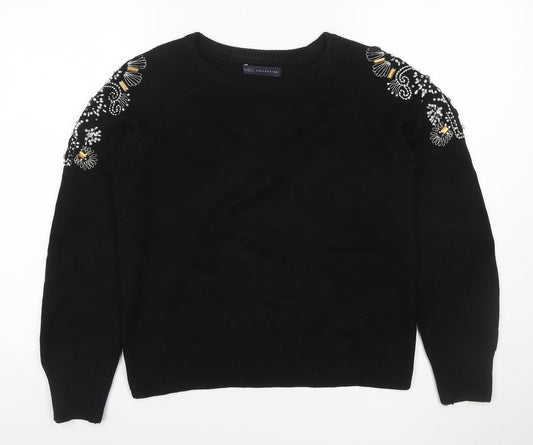 M&S Women Black S Embellished Floral Beaded Crew Neck Jumper