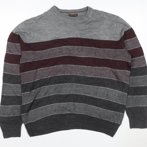 Dockers Men's Grey Burgundy M Crew Neck Striped Acrylic Pullover Jumper