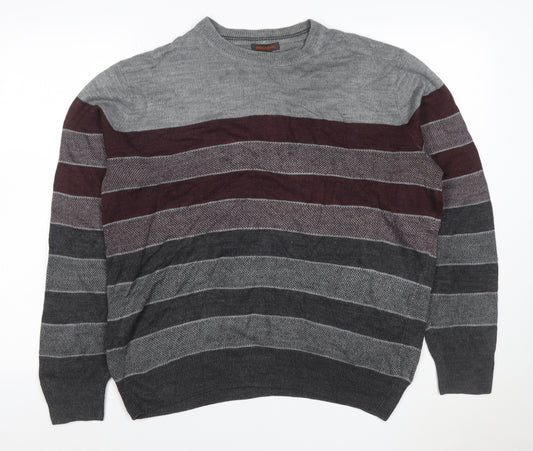 Dockers Men's Grey Burgundy M Crew Neck Striped Acrylic Pullover Jumper