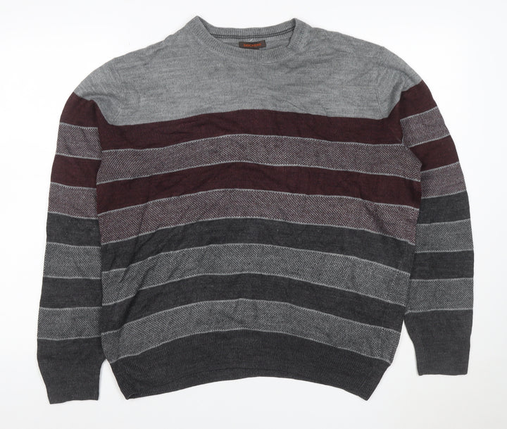 Dockers Men's Grey Burgundy M Crew Neck Striped Acrylic Pullover Jumper
