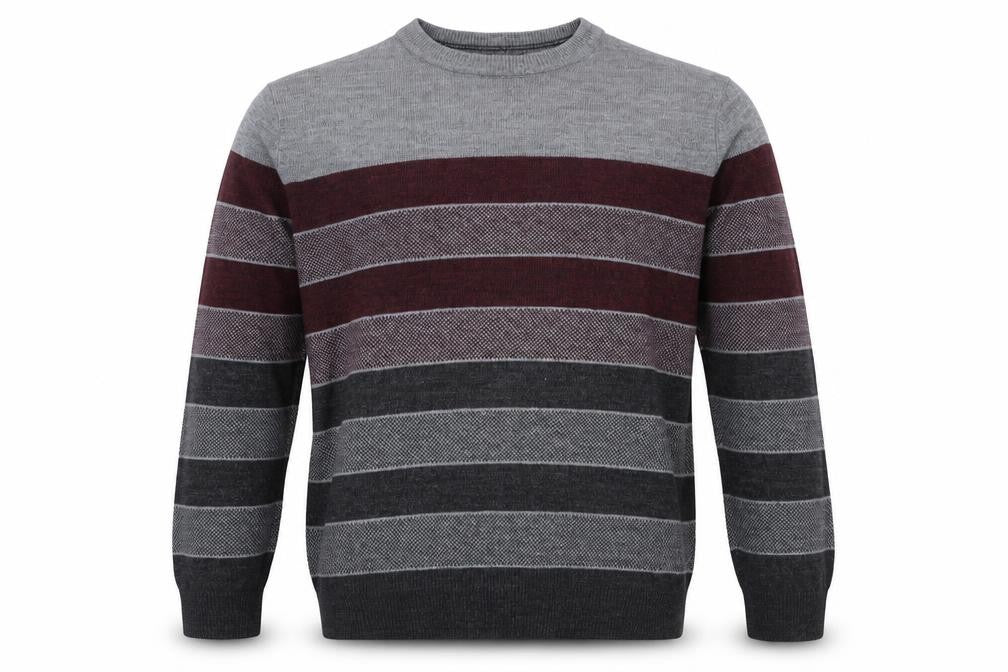 Front view of Dockers Men's Grey Burgundy M Crew Neck Striped Acrylic jumper