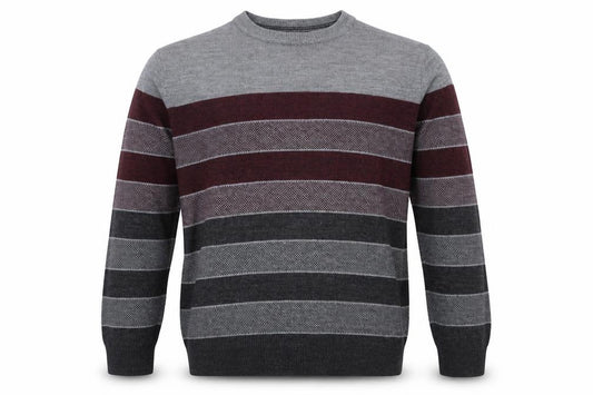 Front view of Dockers Men's Grey Burgundy M Crew Neck Striped Acrylic jumper
