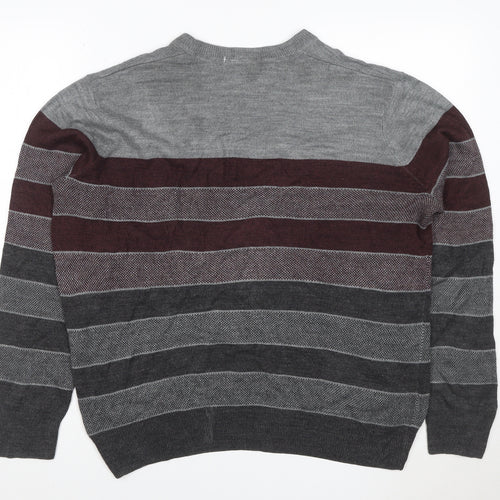 Dockers Men's Grey Burgundy M Crew Neck Striped Acrylic Pullover Jumper