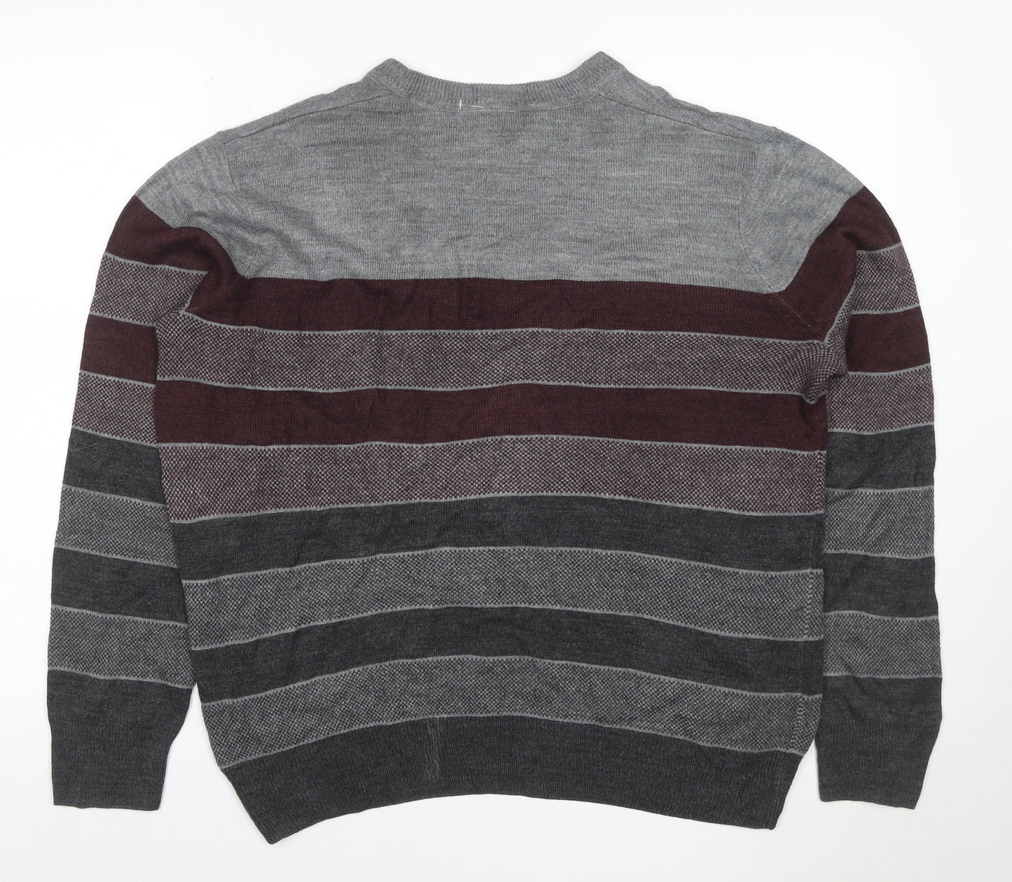 Dockers Men's Grey Burgundy M Crew Neck Striped Acrylic Pullover Jumper