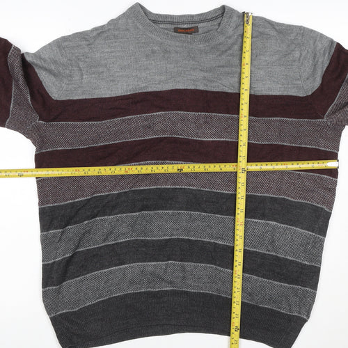 Dockers Men's Grey Burgundy M Crew Neck Striped Acrylic Pullover Jumper
