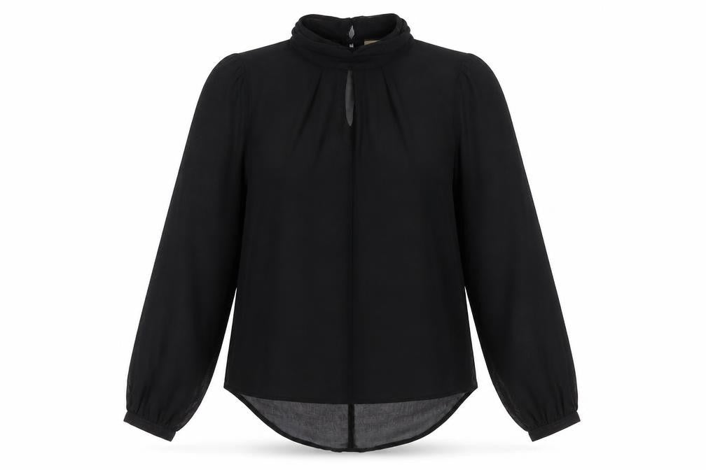 Front view of Next Women Black UK 8 Basic Sheer Chiffon High Neck Balloon Sleeve Blouse