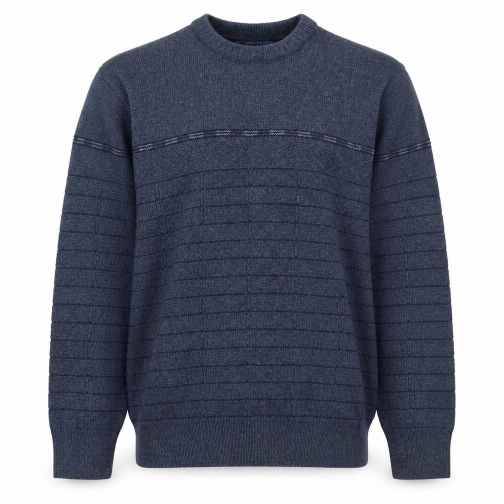 Front view of Devir Men’s Blue M Wool Blend Geometric Knit Crew Neck jumper