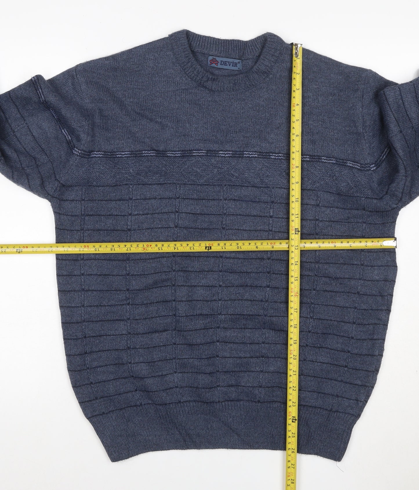 Devir Men’s Blue M Wool Blend Geometric Knit Crew Neck Pullover Jumper