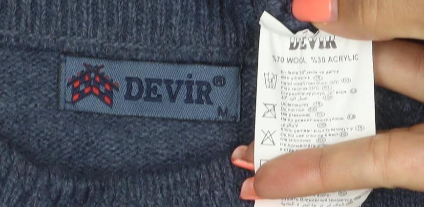 Devir Men’s Blue M Wool Blend Geometric Knit Crew Neck Pullover Jumper