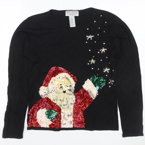 Heirloom Collectibles Women Black M Petite Sequin Santa Christmas Knit Top