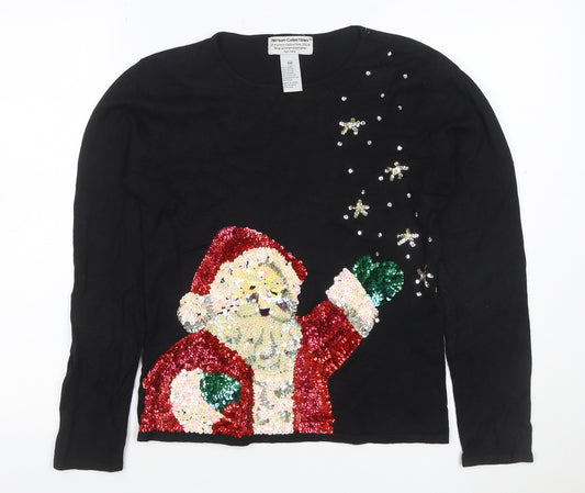 Heirloom Collectibles Women Black M Petite Sequin Santa Christmas Knit Top