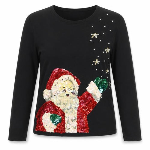 Heirloom Collectibles Women Black M Petite Sequin Santa Christmas Knit Top