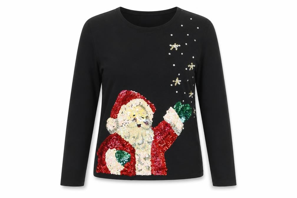 Heirloom Collectibles Women Black M Petite Sequin Santa Christmas Knit Top