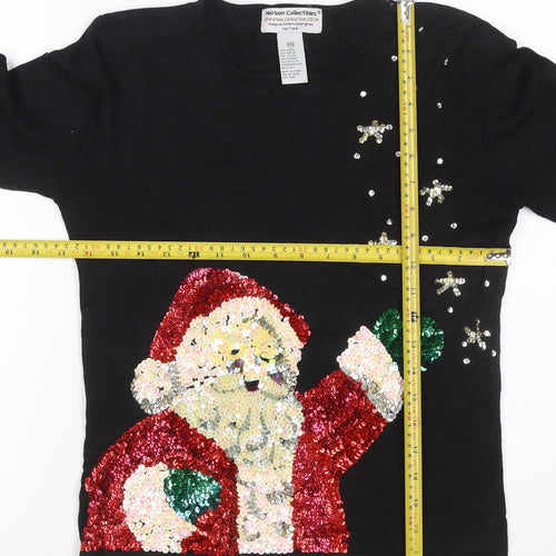Heirloom Collectibles Women Black M Petite Sequin Santa Christmas Knit Top