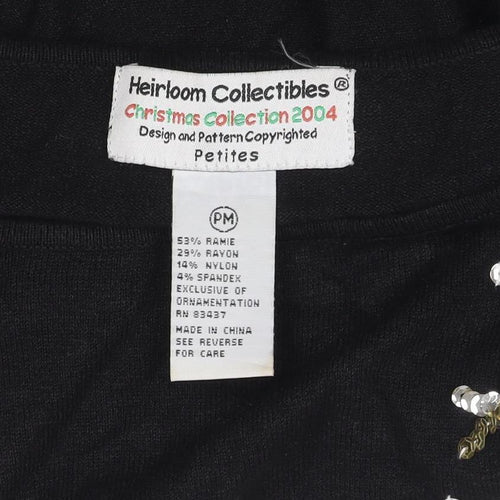 Heirloom Collectibles Women Black M Petite Sequin Santa Christmas Knit Top