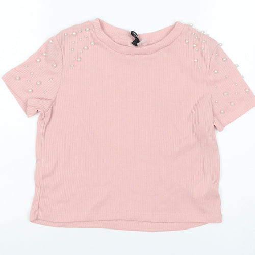 C&A Women Pink S Ribbed Pearl Puff Sleeve Knit T-Shirt