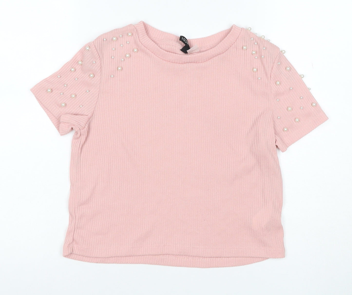 C&A Women Pink S Ribbed Pearl Puff Sleeve Knit T-Shirt