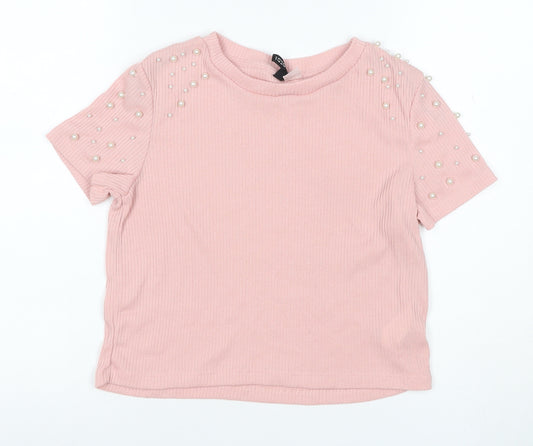 C&A Women Pink S Ribbed Pearl Puff Sleeve Knit T-Shirt