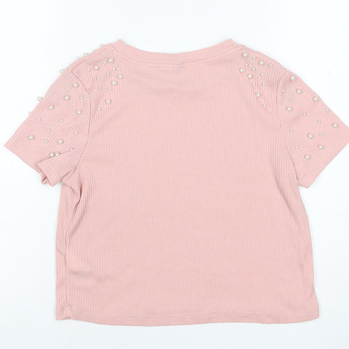 C&A Women Pink S Ribbed Pearl Puff Sleeve Knit T-Shirt