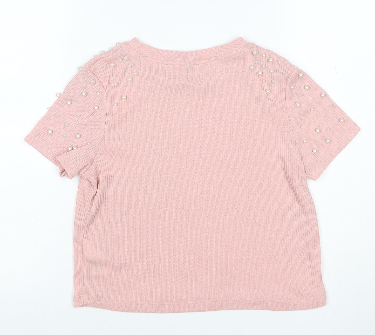 C&A Women Pink S Ribbed Pearl Puff Sleeve Knit T-Shirt
