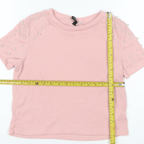 C&A Women Pink S Ribbed Pearl Puff Sleeve Knit T-Shirt