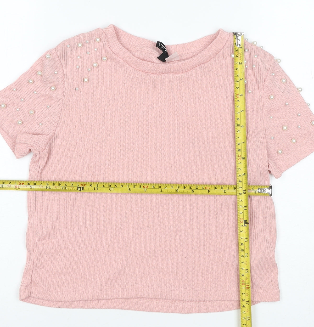 C&A Women Pink S Ribbed Pearl Puff Sleeve Knit T-Shirt