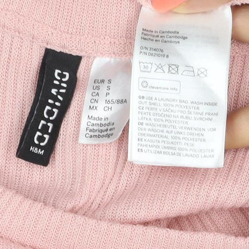 C&A Women Pink S Ribbed Pearl Puff Sleeve Knit T-Shirt
