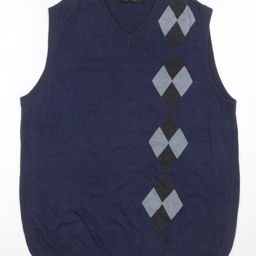 Axist Mens Blue L Argyle V-Neck Sleeveless Cotton Blend Jumper Vest