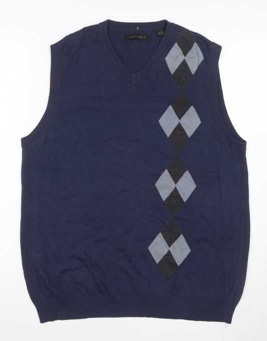 Axist Mens Blue L Argyle V-Neck Sleeveless Cotton Blend Jumper Vest