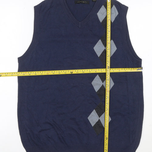 Axist Mens Blue L Argyle V-Neck Sleeveless Cotton Blend Jumper Vest